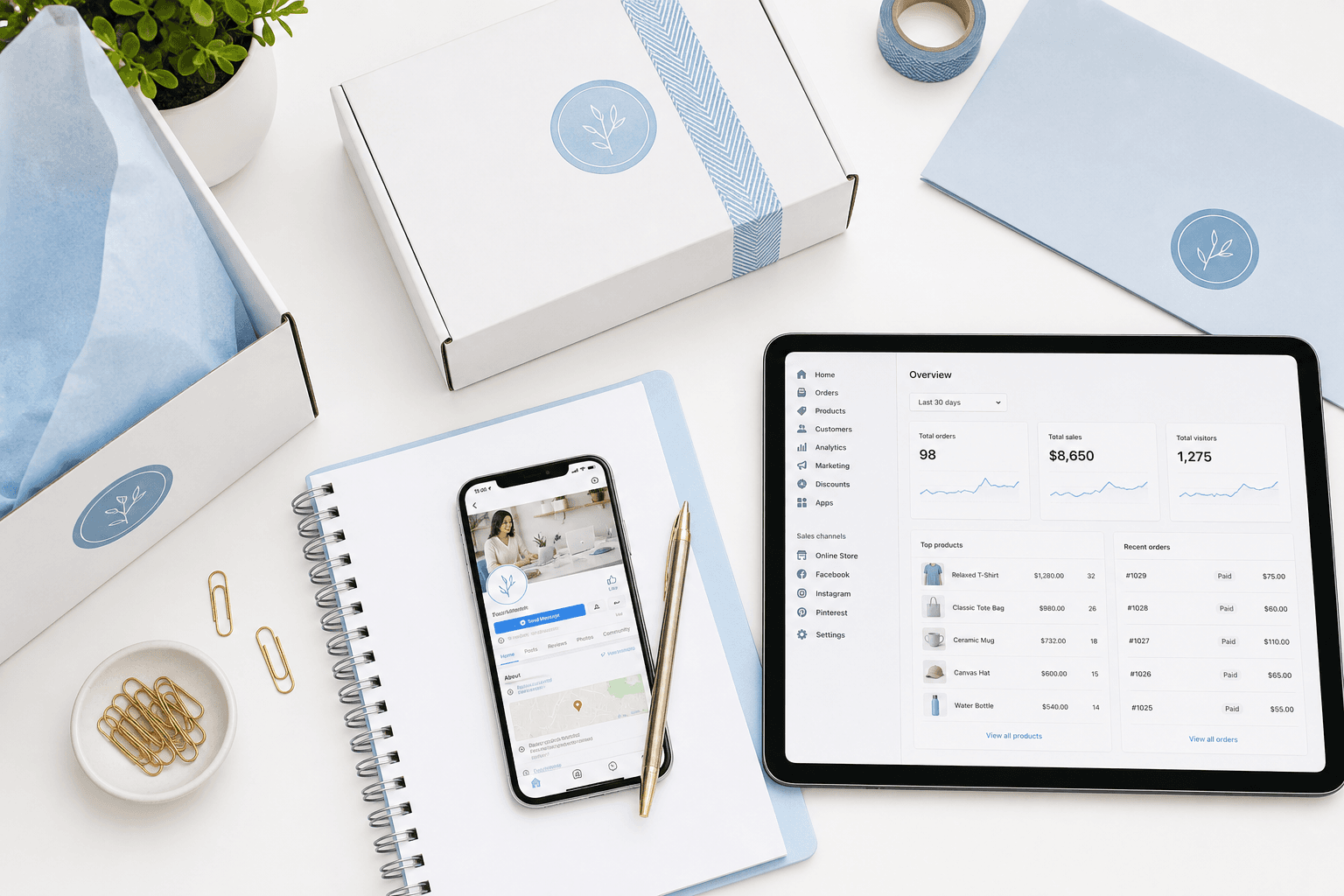 Ecommerce launch kit with packaging and devices