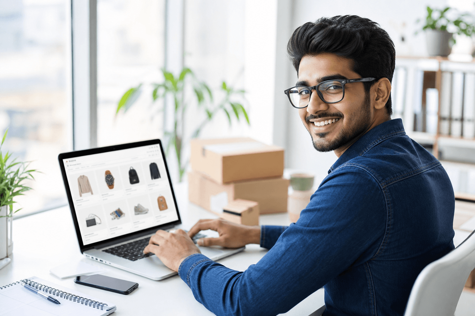 Entrepreneur launching an online dropshipping store on a laptop
